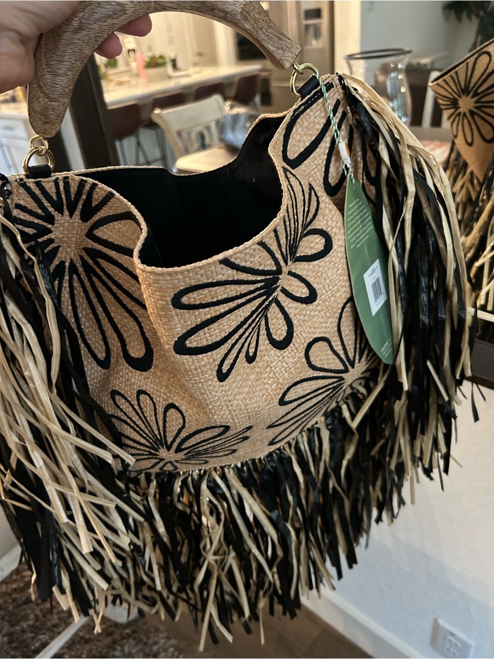 FARM Rio Natural Raffia Mini Bag with Black Floral Print - Picture 7 of 10